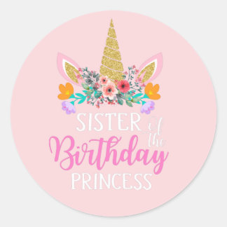 Happy Birthday Sister Unicorn Party Pink Runder Aufkleber