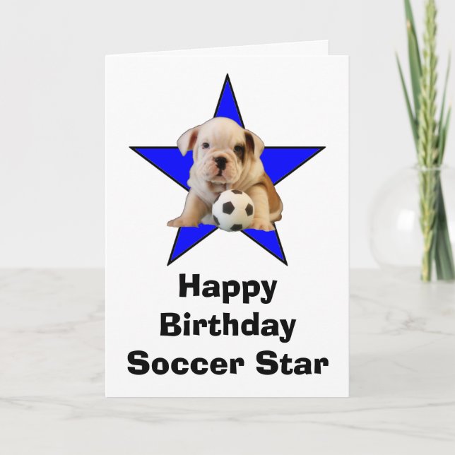 Happy Birthday Soccer Star Bulldog Puppy Karte (Vorderseite)