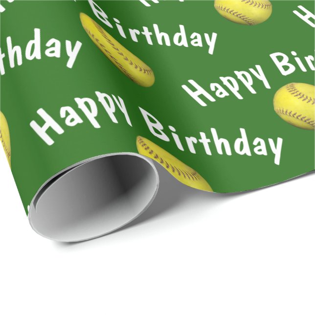 Happy Birthday Softballs auf Grün Geschenkpapier (Rolleneckpunkt)