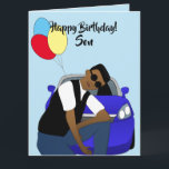 Happy Birthday Son African American Card Karte<br><div class="desc">Diese coole Geburtstagskarte für einen Sohn zeigt ein junges amerikanisches Männchen,  das vor einem blauen Sportwagen posiert. Schicken Sie Ihrer Lieben eine Karte,  die zuverlässig ist und Ihre Nachricht so ausdrückt,  wie Sie es sich vorgestellt haben.</div>