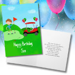 Happy Birthday Son Boy Golfer auf Golfplatz Karte<br><div class="desc">Diese Geburtstagskarte zum Thema Golf für Jungen ist ein Loch-in-one! Es ist perfekt für einen kleinen Golfspieler geeignet und verfügt über einen hellen, roten Golfwagen mit bunten Ballons, einen lustigen Geburtstagskuchen mit Golfball und einen kleinen Jungen Golfer, der bereit ist, auf das Grün zu setzen.</div>