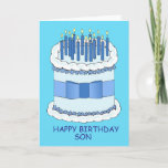 Happy Birthday Son Cartoon Cake and Candles Karte<br><div class="desc">Ein großer Cartoon Geburtstagstorte mit Kerzen auf beleuchteten Kerzen und die Worte "Happy Birthday Son" Set vor einem hellblauen Hintergrund.</div>