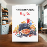 Happy Birthday Son | Gaming und Pizza Vibes Karte<br><div class="desc">Eine niedliche Aquarellkarte zum Gaming und Snack zum Thema Geburtstagskarte für einen Sohn. Eine ai-Illustration eines Videospielers, einer Limonade, Pommes Frites und Pizza, und all das, was Jungs mögen, auf der Vorderseite der Karte. Einen phantastischen Tag im Inneren. Alle Texte auf der Karte können im personalisierbaren Bereich bearbeitet werden.</div>