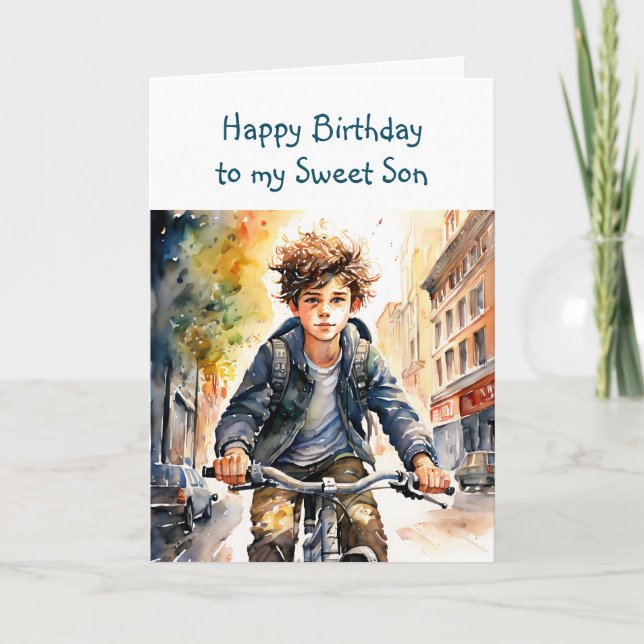 Happy Birthday Son | Junge auf dem Fahrrad in der  Karte (Vorderseite)