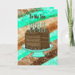 Happy Birthday Son Karte<br><div class="desc">Aquamarine und braune Happy Birthday Card für einen Sohn. Niedliche handgezeichnete Grafik von Schokoladenkuchen,  Kerzen und Geschenken.</div>