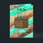 Happy Birthday Son Karte<br><div class="desc">Aquamarine und braune Happy Birthday Card für einen Sohn. Niedliche handgezeichnete Grafik von Schokoladenkuchen,  Kerzen und Geschenken.</div>