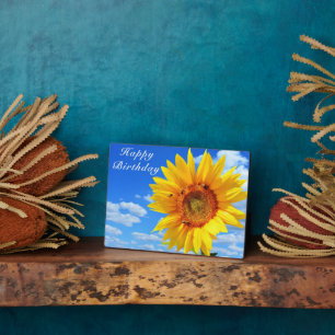 Happy Birthday - Sonnenblumen und Bienen auf Blue Fotoplatte