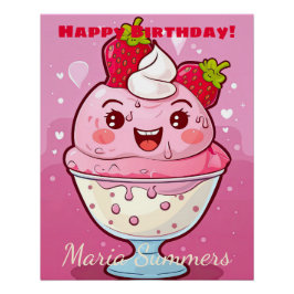 Happy Birthday Sorbet Ice-Creme Kawaii Cartoon Poster