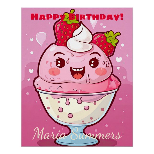 Happy Birthday Sorbet Ice-Creme Kawaii Cartoon Poster (Vorderseite)