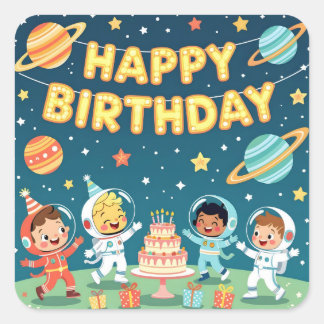 Happy birthday space theme quadratischer aufkleber