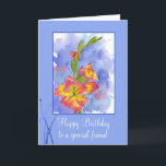Happy Birthday Special Friend Gladiolus Blume Karte<br><div class="desc">Eine hübsche und farbenfrohe Geburtstagskarte für einen besonderen Freund,  der mit einer rosa Gladiolus-Blume mit gelben und blauen Akzenten in Aquarellfarbe dekoriert ist. Liebliche Karte,  die man einem Freund zum Geburtstag schicken kann!</div>