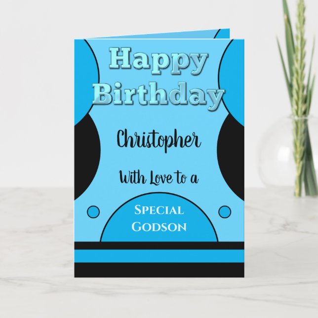 Happy Birthday Special Godson blau und schwarz Karte (Vorderseite)