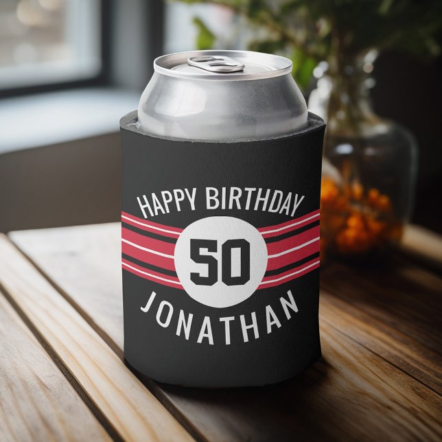 Happy Birthday Sports Jersey Streifen Name und Alt Dosenkühler (Personalized Can Cooler - add Your Name or Other Custom Text)