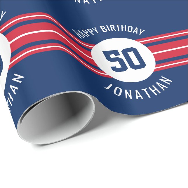 Happy Birthday Sports Jersey Streifen Name und Alt Geschenkpapier (Rolleneckpunkt)