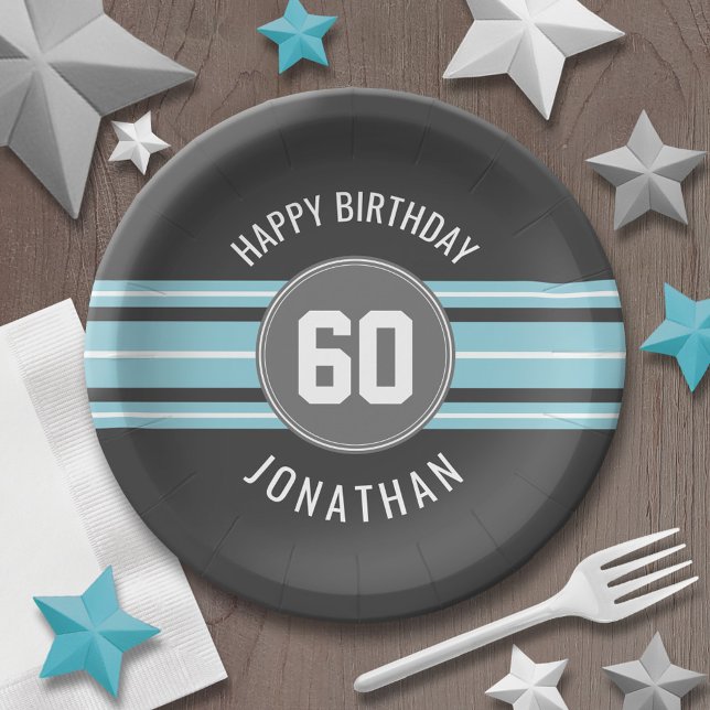 Happy Birthday Sports Jersey Streifen Name und Alt Pappteller (Personalized party plates - sports theme for birthday or any occasion)