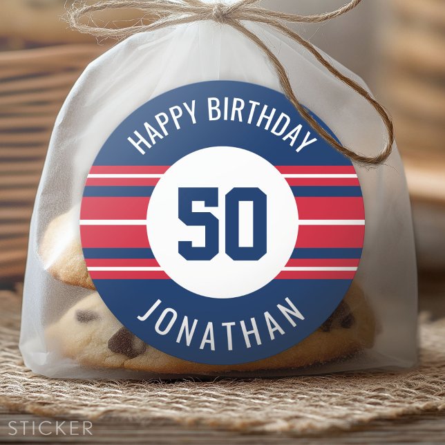 Happy Birthday Sports Jersey Streifen Name und Alt Runder Aufkleber (Custom Sticker for Party Favors and Envelopes)