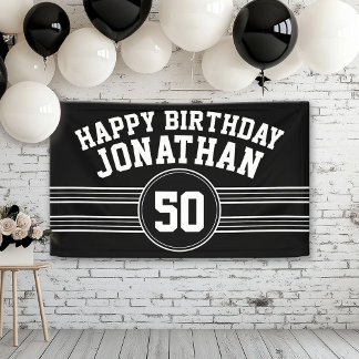 Happy Birthday Sports Stripes Age Schwarz-weiß Banner