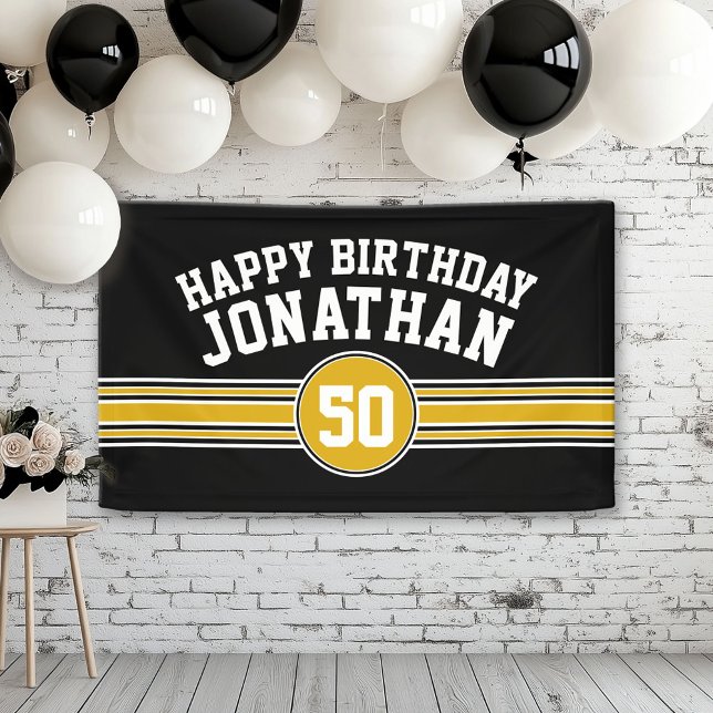 Happy Birthday Sports Stripes mit Age Black Gold Banner (Custom Birthday Banner)