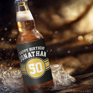 Happy Birthday Sports Stripes mit Age Gold Black Bierflaschenetikett