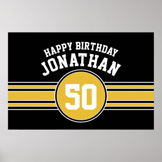Happy Birthday Sports Stripes mit Age Gold Black Poster (Vorne)
