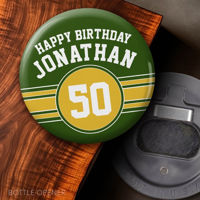 Happy Birthday Sports Stripes mit Age Gold Green Flaschenöffner (Custom Bottle Opener)