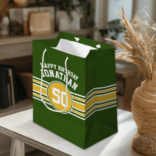 Happy Birthday Sports Stripes mit Age Gold Green Mittlere Geschenktüte