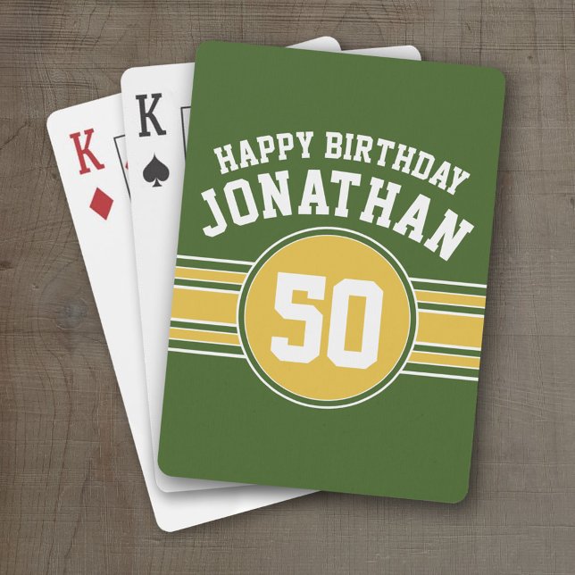 Happy Birthday Sports Stripes mit Age Gold Green Spielkarten (Personalized Playing Cards - Sporty Stripes)