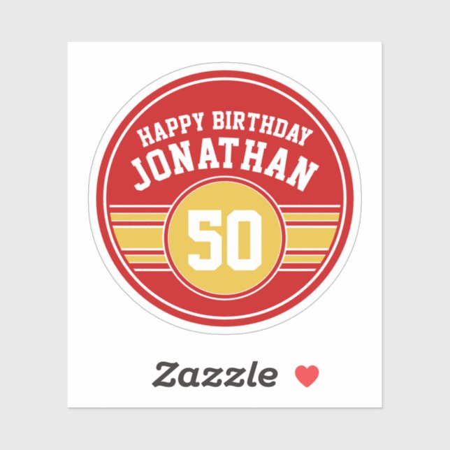 Happy Birthday Sports Stripes mit Age Gold Red Aufkleber (Blatt)