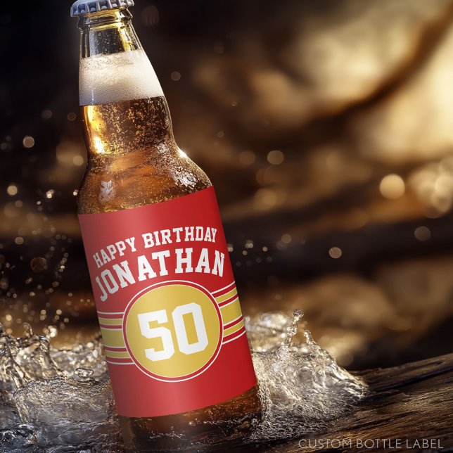 Happy Birthday Sports Stripes mit Age Gold Red Bierflaschenetikett (Custom Beer Bottle Label)