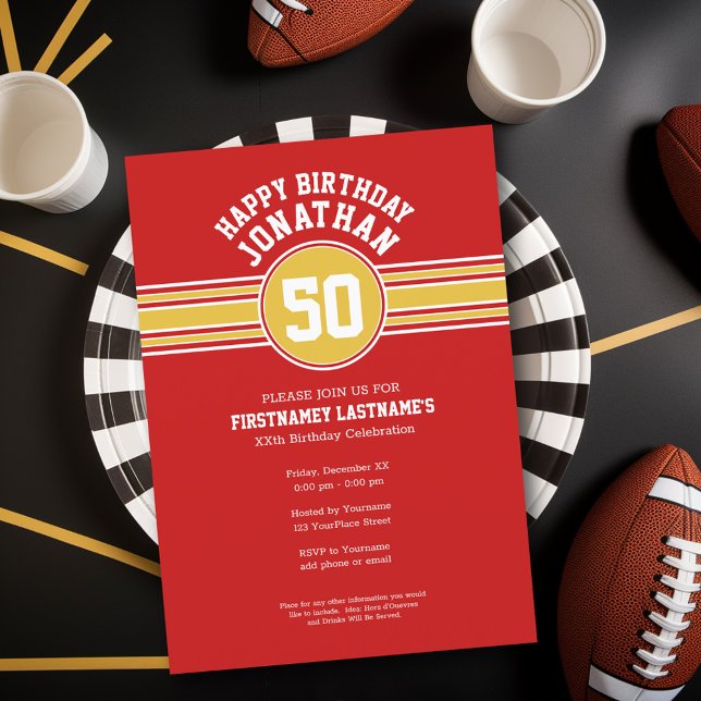 Happy Birthday Sports Stripes mit Age Gold Red Einladung (Birthday Party Invitation - Sports Theme - Football Party Invitation)