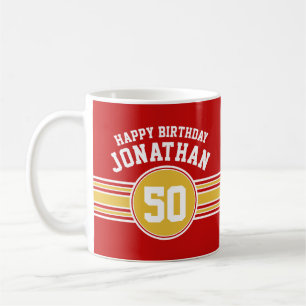Happy Birthday Sports Stripes mit Age Gold Red Kaffeetasse