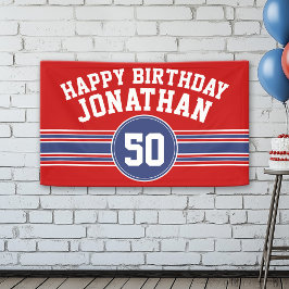 Happy Birthday Sports Stripes with Age - Red Blue Banner