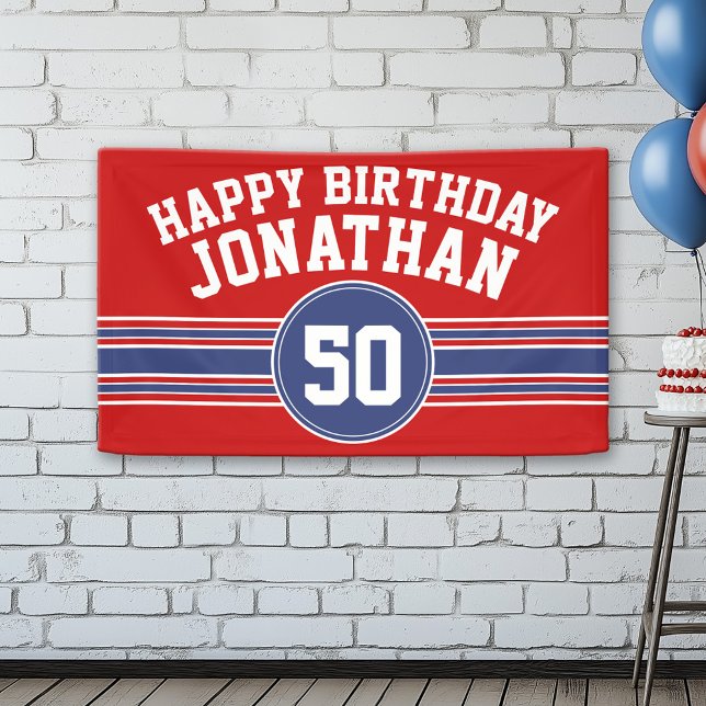 Happy Birthday Sports Stripes with Age - Red Blue Banner (Custom Birthday Banner)
