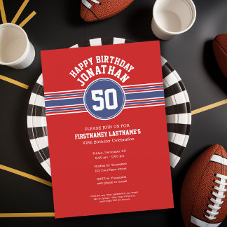 Happy Birthday Sports Stripes with Age - Red Blue Einladung
