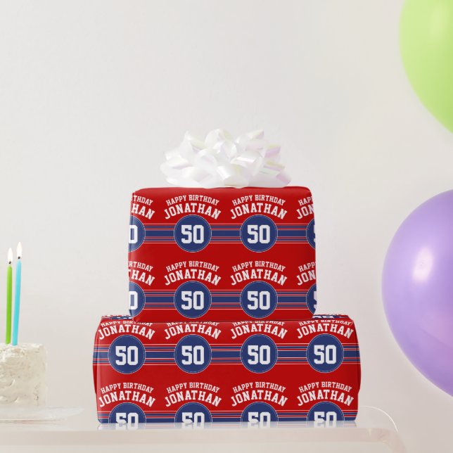 Happy Birthday Sports Stripes with Age - Red Blue Geschenkpapier (Partygeschenke)