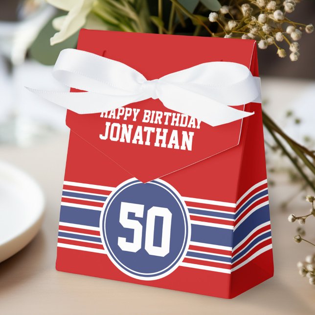 Happy Birthday Sports Stripes with Age - Red Blue Geschenkschachtel (Personalized gift box for birthday party favors)