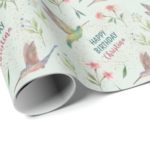 Happy Birthday Spring Blumen und Hummingbirds Geschenkpapier