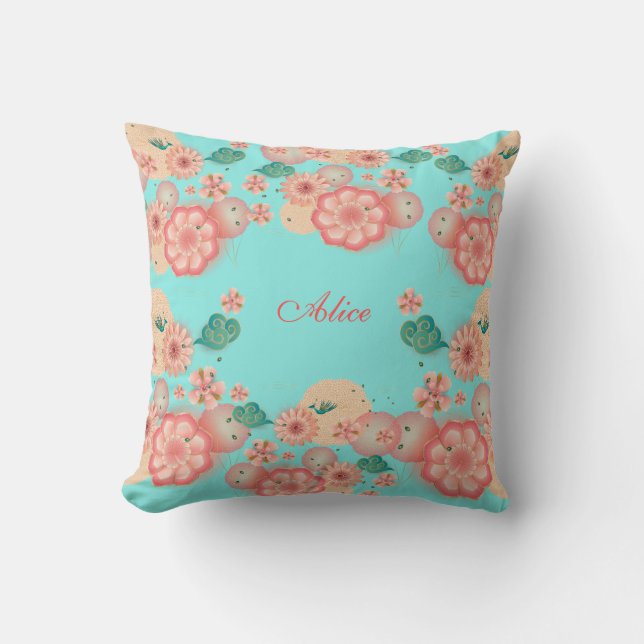 Happy Birthday Spring Peach Flower Garden Monogram Kissen (Vorderseite)