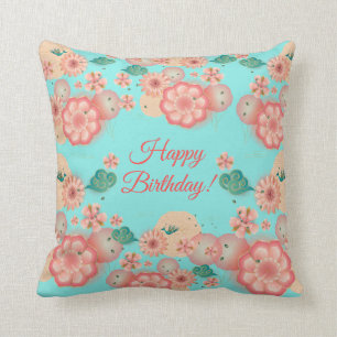 Happy Birthday Spring Peach Flower Garden Monogram Kissen