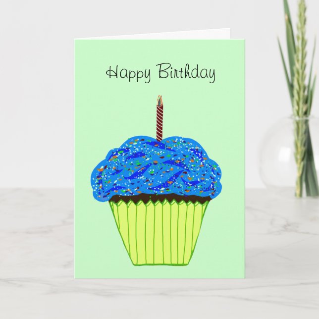 Happy Birthday Sprinkled Blue Cupcake Karte (Vorderseite)