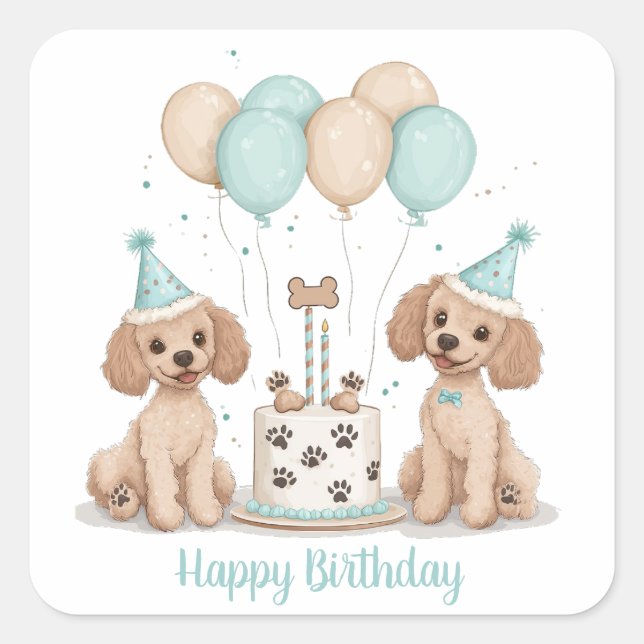 Happy Birthday Standard Poodle Hunde Quadratischer Aufkleber (Vorderseite)
