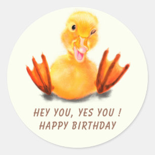 Happy Birthday Sticker with Playful Duck - Funny