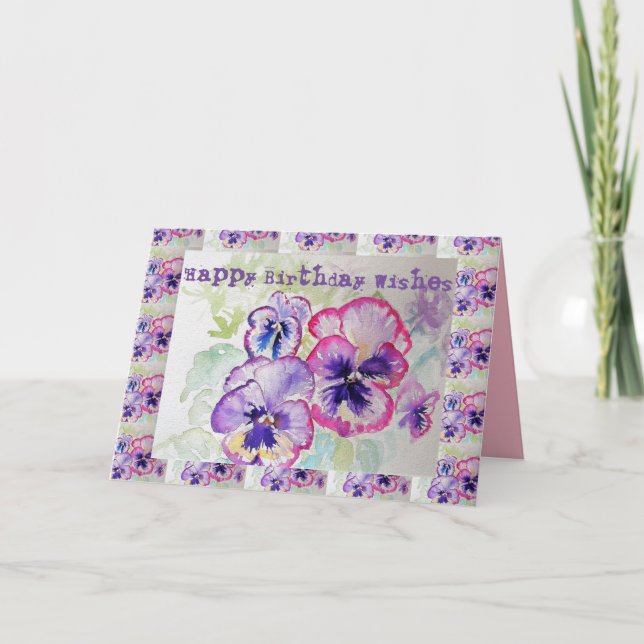 Happy Birthday Stiefmütterchens Watercolor Greetin Karte (Vorderseite)