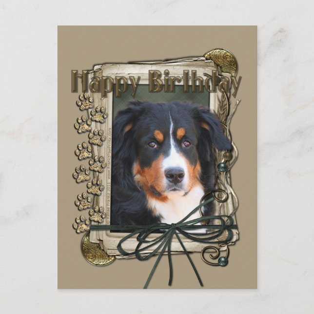 Happy Birthday - Stone Paws - Bernese Mountain Dog Postkarte (Vorderseite)