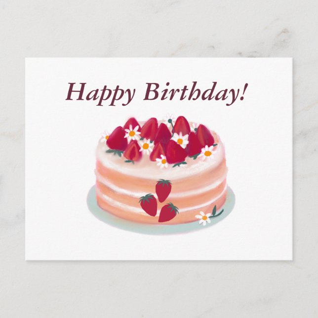 Happy Birthday Strawberry Obstkuchen und Blume Postkarte (Vorderseite)