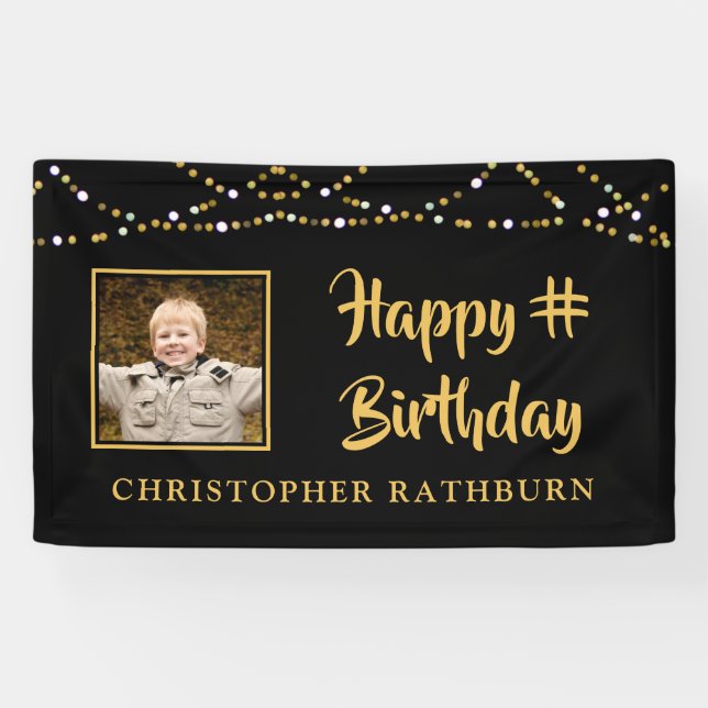 Happy Birthday String Lights Foto Black Gold Banner (Horizontal)