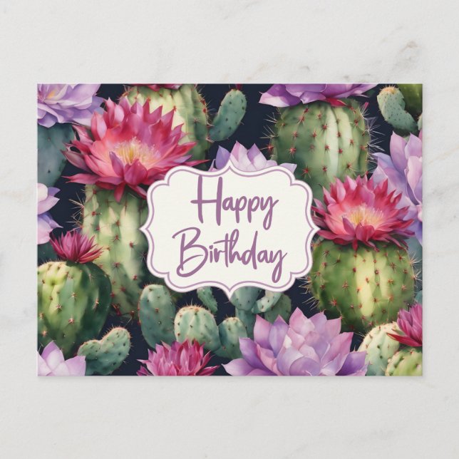 Happy Birthday Sukkulente Pflanze, Kakteen Blume Postkarte (Vorderseite)