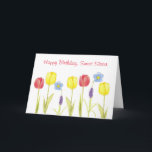 Happy Birthday Sweet Sister Tulip Blume Karte<br><div class="desc">Ein farbenfroher Geburtstag einer süßen Schwester mit Frühlingsblumen mit gelben und roten Tulpen,  blühendem Flachs und Traubenhyakinthen. Fröhliche Geburtstagskarte,  um deine Schwester lassen,  dass du an sie an ihrem besonderen Tag denkst!</div>