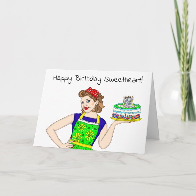 Happy Birthday Sweetheart Retro Lady Holding Cake Karte (Vorderseite)