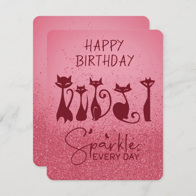 Happy Birthday Tall Cat Dark Pink Glitzern Mitteilungskarte (Vorne/Hinten)